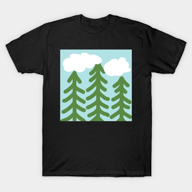 Can’t see the wood for the trees - three lonely pine trees and fluffy white clouds T-Shirt by FrancesPoff